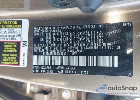 2014 Toyota Venza Xle z USA, uszkodzony, nr VIN 4T3BA3BB1EU061530